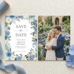 Blue Floral Save The Date With Photo Flat Card