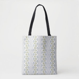 Blue Floral Scallop Stripe on White Tote Bag