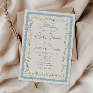 Blue Floral Scalloped Frame Baby Shower Invitation