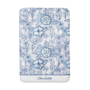 Blue floral seamless pattern personalised name  bath mat