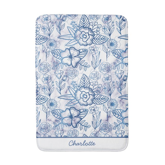 Blue floral seamless pattern personalised name  bath mat (Front Vertical)