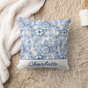 Blue floral seamless pattern personalised name  cushion