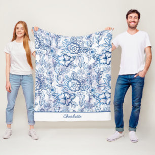 Blue floral seamless pattern personalised name fleece blanket