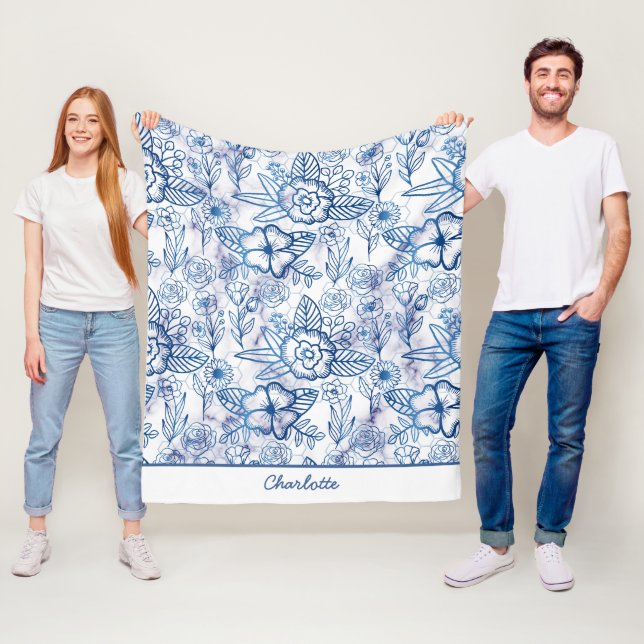 Blue floral seamless pattern personalised name  fleece blanket (In Situ)