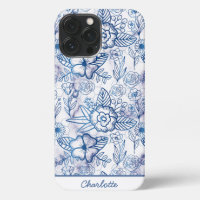 Blue floral seamless pattern personalised name