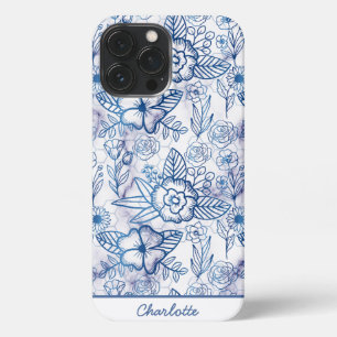 Blue floral seamless pattern personalised name iPhone 13 pro max case