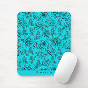 Blue floral seamless pattern personalised name mouse pad