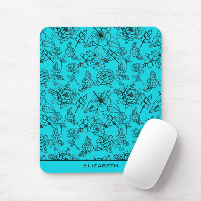 Blue floral seamless pattern personalised name mouse pad (With Mouse)