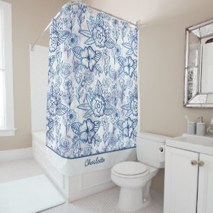 Blue floral seamless pattern personalised name shower curtain