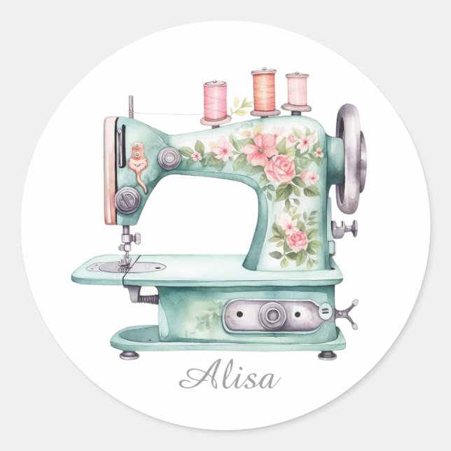 Blue Floral Sewing Machine Round Stickers (Front)