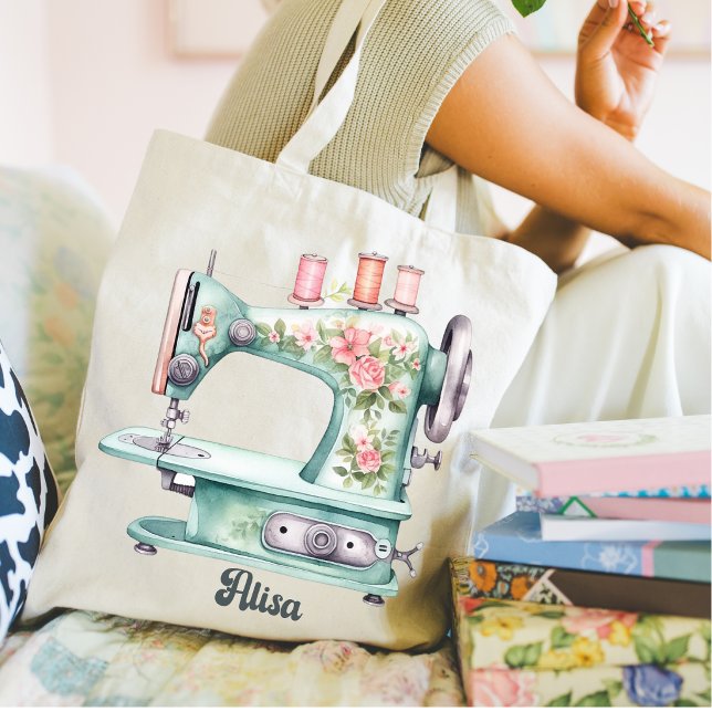 Blue Floral Sewing Machine Tote Bag (Beautiful sewing machine design for the best hobby idea. )