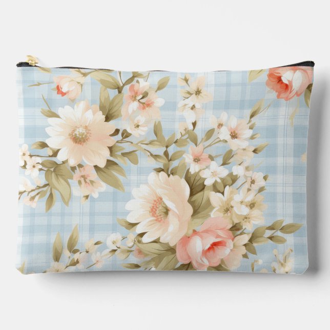 Blue floral shabby chic pattern accessory pouch (Front)