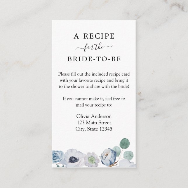 Blue Floral Shower Recipe Request  Enclosure Card (Front)