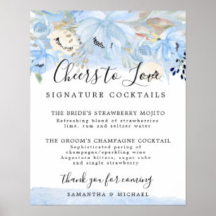 Blue Floral Signature Cocktails Wedding Bar Sign