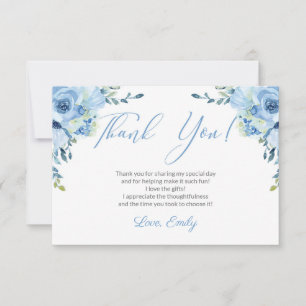 Blue floral silver bridal shower thank you card