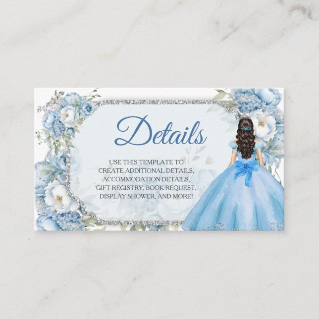  Blue Floral Silver Crown Quinceañera Detail Enclosure Card (Front)