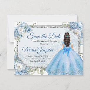 Blue Floral Silver Crown Quinceañera Save the Date Thank You Card