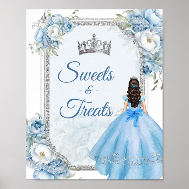 Blue Floral Silver Crown Quinceañera Sweets Treats Poster (Front)