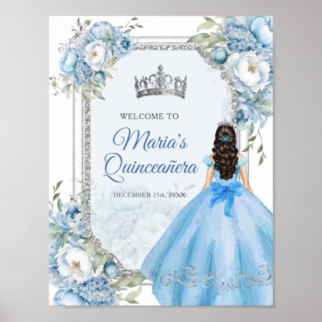 Blue Floral Silver Crown Quinceañera Welcome Poster (Front)