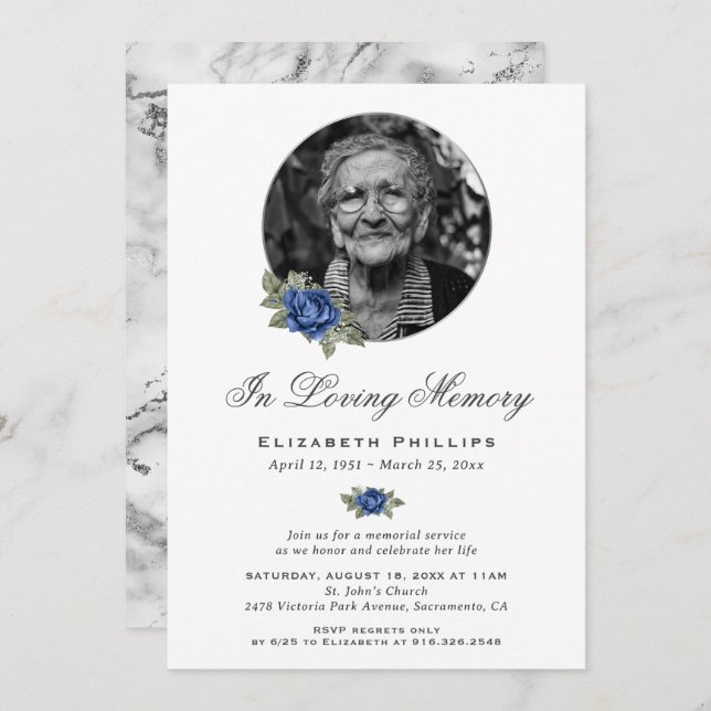 Blue Floral Silver Marble Photo Memorial Service Invitation (Front/Back)