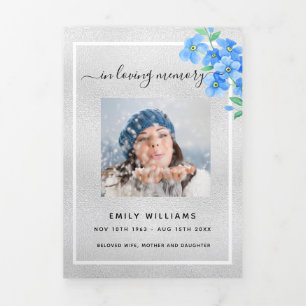 Blue floral silver photo tri-fold funeral program