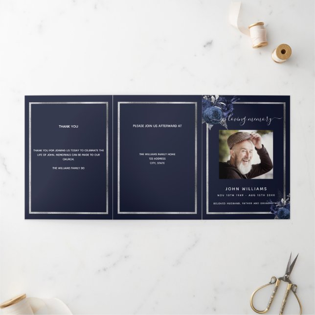 Blue floral silver photo tri-fold funeral program announcement (Outside)