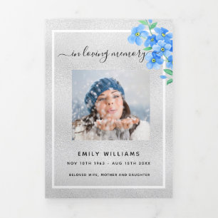 Blue floral silver photo tri-fold funeral program announcement