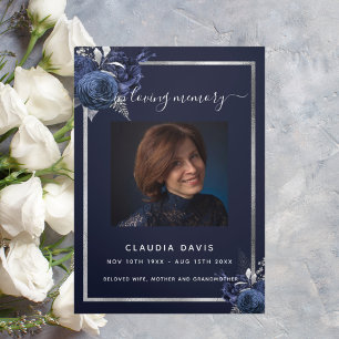 Blue floral silver photo tri-fold funeral program announcement