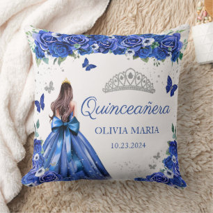 Blue Floral Silver Princess Tiara Quinceanera Cushion