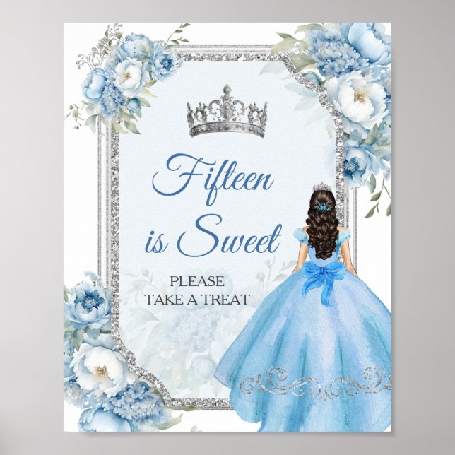 Blue Floral Silver Quinceañera Fifteen is Sweet Poster (Front)