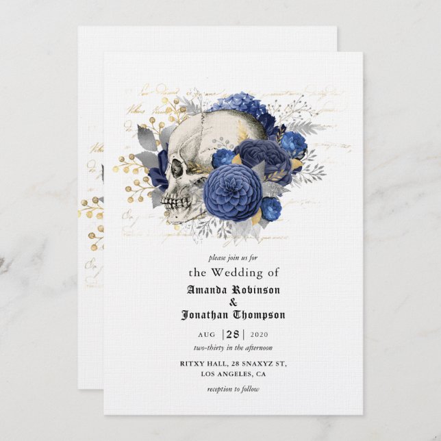 Blue Floral Skull Halloween Gothic Wedding Invitation (Front/Back)