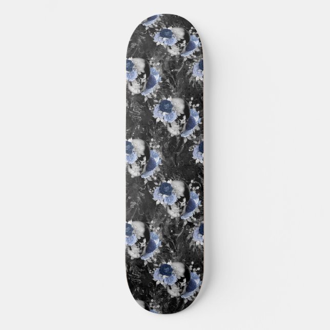Blue Floral Skull Series Design 1 Skateboard (Front)