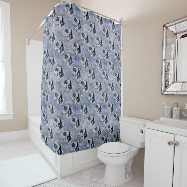 Blue Floral Skull Series Design 2  Shower Curtain (In Situ)
