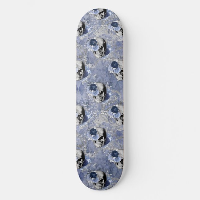 Blue Floral Skull Series Design 2  Skateboard (Front)