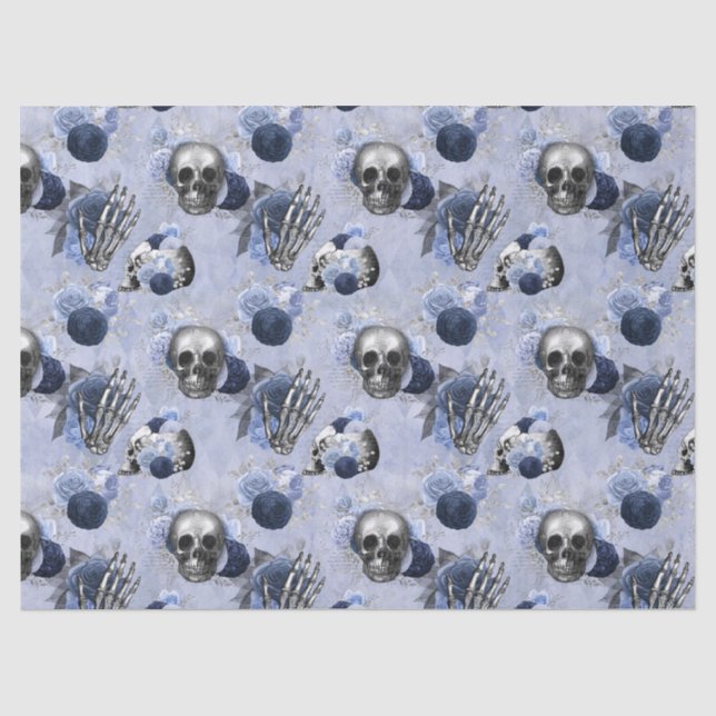 Blue Floral Skulls and Hands Light Blue Decoupage Tissue Paper (Front)