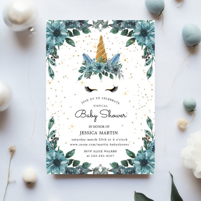 Blue Floral Sleepy Unicorn Virtual Baby Shower Invitation (Creator Uploaded)