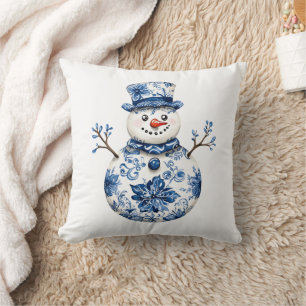Blue Floral Snowman Winter Christmas Cushion