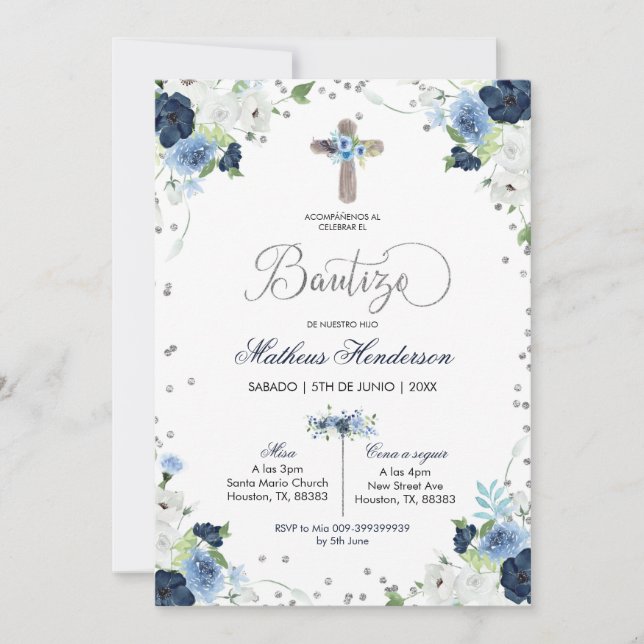 Blue Floral Spanish Bautizo Invitacion Invitation (Front)