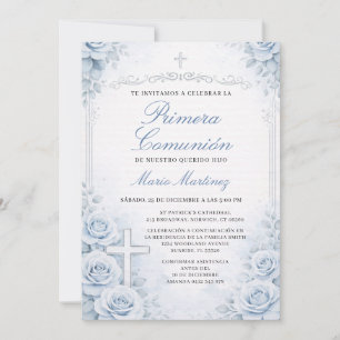 Blue Floral  Spanish Boy Primera Comunión Cross Invitation