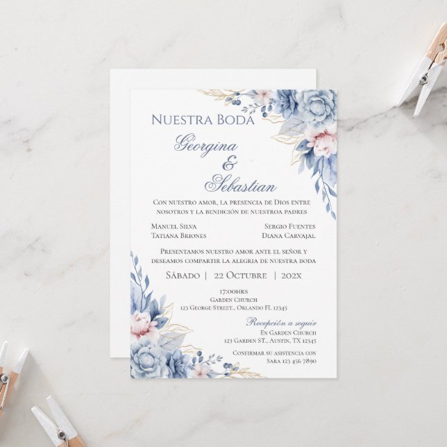 Blue Floral Spanish Wedding Invitation (Front/Back In Situ)