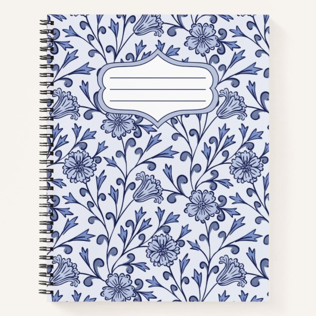 Blue Floral Spiral Notebook 8.5x11 – Blue & White  (Front)