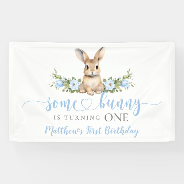 Blue Floral Spring Rabbit Some Bunny 1st Birthday Banner (Horizontal)