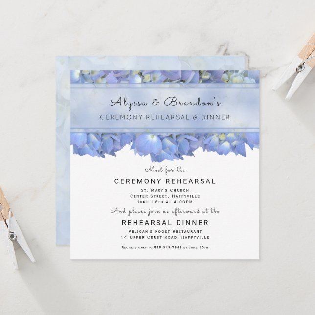 Blue Floral Square Rehearsal Dinner Invitation (Front/Back In Situ)
