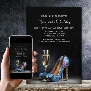 Blue Floral Stiletto Shoes Birthday Party Invitation