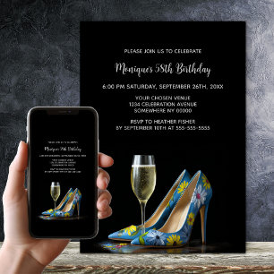 Blue Floral Stiletto Shoes Birthday Party Invitation