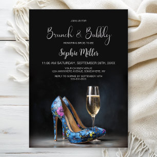 Blue Floral Stiletto Shoes Brunch and Bubbly Invitation
