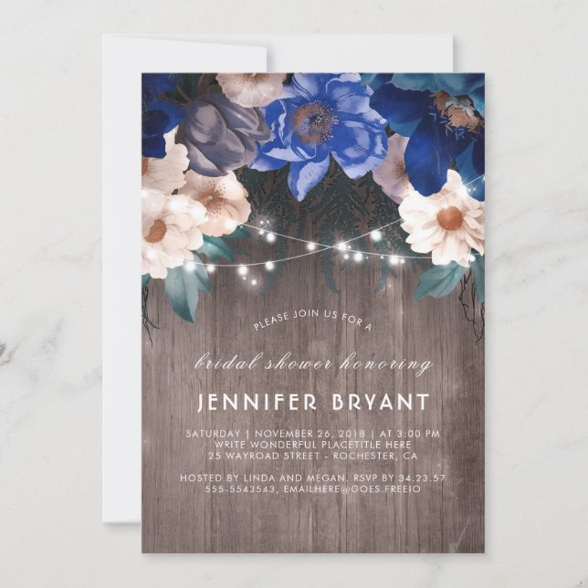 Blue Floral String Lights Rustic Bridal Shower Invitation (Front)