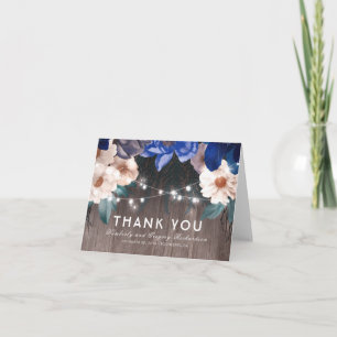 Blue Floral String Lights Rustic Wood Thank You Card