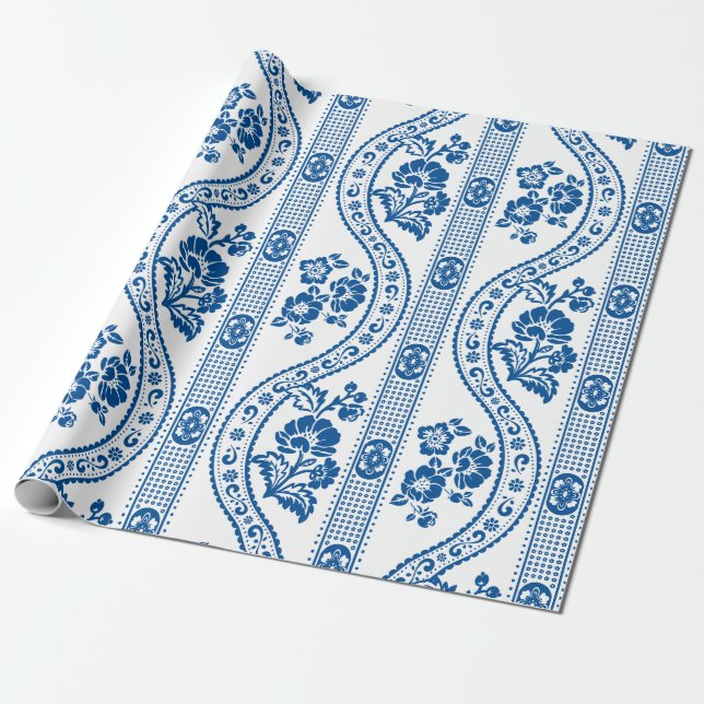 Blue Floral Stripe Elegance Wrapping Paper (Unrolled)