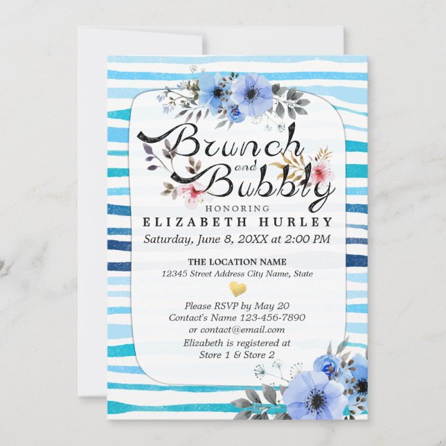 Blue Floral Stripes Brunch & Bubbly Bridal Shower Invitation (Front)